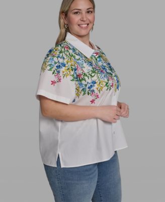 Plus Size Multi-Floral Woven Collared Top