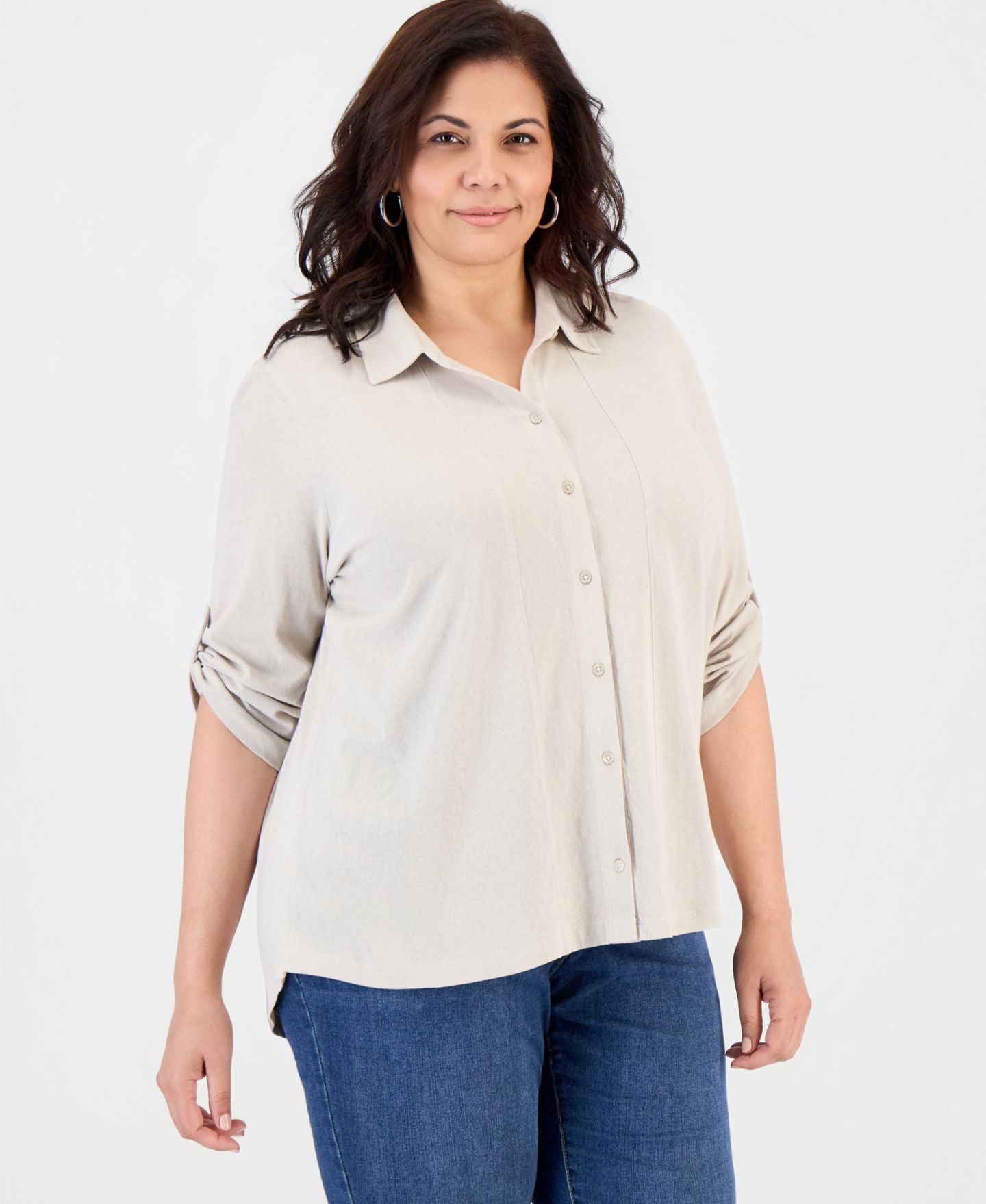 Женская рубашка Style & Co Plus Size Button-Front Collar Roll-Tab, цвет: Серо-бежевый — фото 1