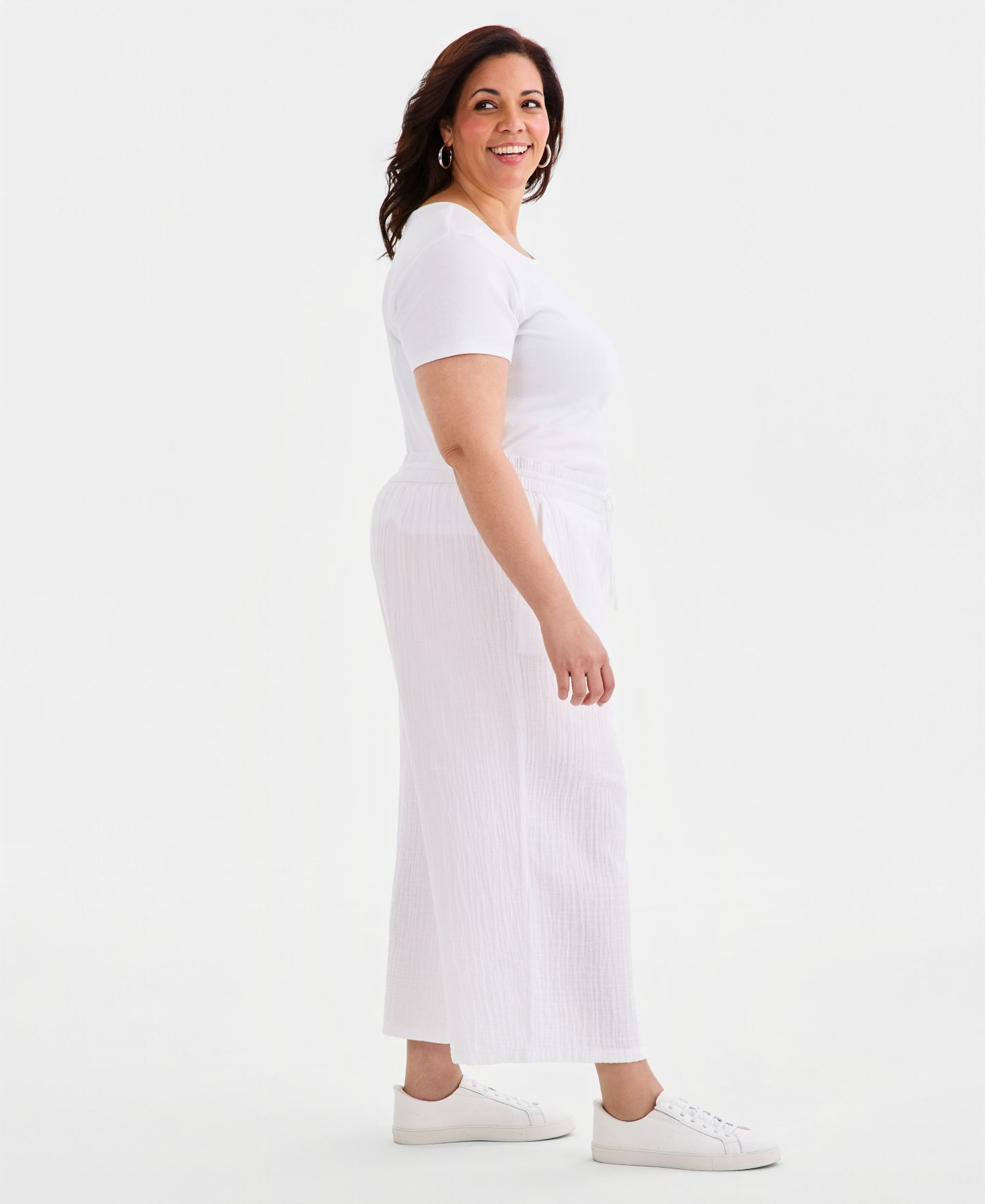 Женские брюки Style & Co Plus Size Cotton Gauze Wide-Leg Cropped Drawstring, цвет: Яркий белый — фото 2