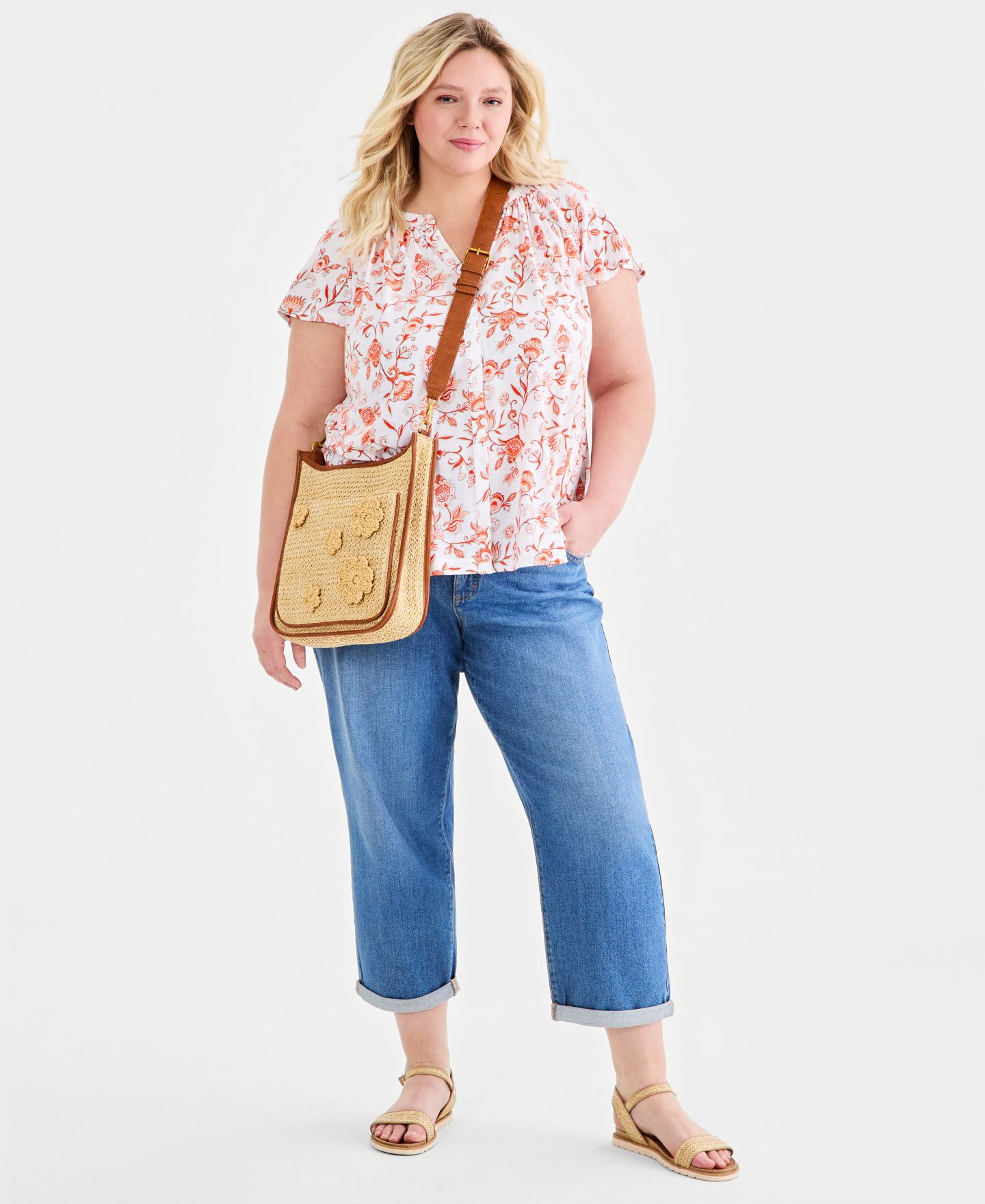 Женский топ Style & Co Plus Size Printed Button-Front Flutter-Sleeve, цвет: Яркий белый — фото 2