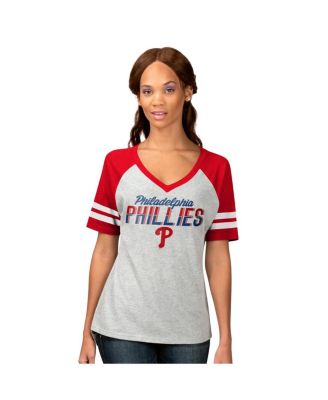 Women's Heather Gray Philadelphia Phillies Goal Line Raglan V-Neck T-Shirt