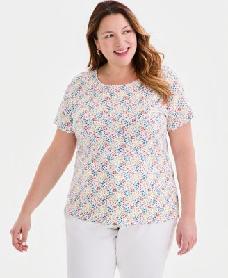 Plus Printed Short-Sleeve Scoop-Neck Top