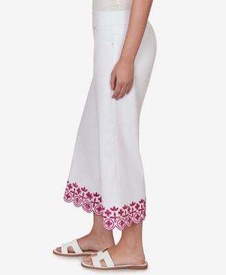 Petite Embroidered Hem Colored Denim Pull-On Crop Pants