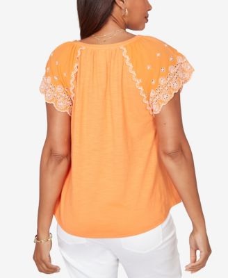 Petite Embroidered Sleeve Slub Knit T-Shirt