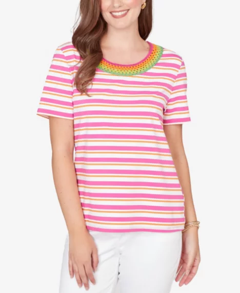 Petite Crochet Neck Stripe Knit T-Shirt - Fuchsia Multi