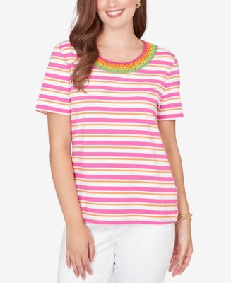 Ruby Rd. Petite Crochet Neck Stripe Knit T-Shirt - Macy's