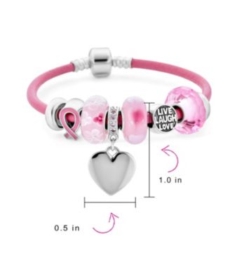 Breast Cancer Pink Ribbon Heart Charm Live Laugh Love Bead Charm Leather Bracelet Sterling Silver