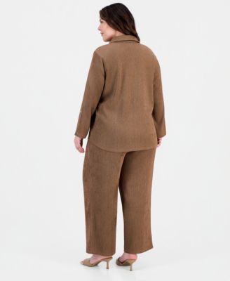 Anne Klein Plus Size Button Front Roll Tab Sleeve Shirt Pull On Wide Leg Pants In Cedar Spice