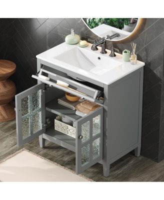30" Bathroom Vanity with Sink, Modern Solid Wood Cabinet with Textured Glass Doors, Flip-Out Tray & Adjustable Shelf