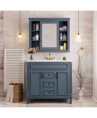 36" Bathroom Vanity with Sink and Mirror, Modern Freestanding Solid Wood Cabinet with Storage Drawers and Ceramic Top-Sillysis