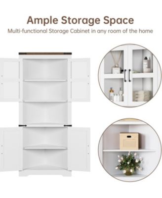 Rustic Farmhouse Tall Corner Storage Cabinet with Glass Doors & Adjustable Shelves, Corner Display Cabinet for Kitchen
