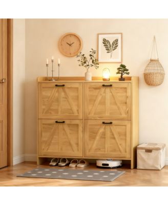 Modern Farmhouse Shoe Cabinet - 4 Flip Drawers and Adjustable Shelves, Entryway Organizer for Living Room, Hallway, Light Oak