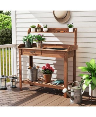 Garden Workstation Table with Drawer and Storage Shelves