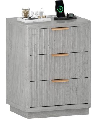 Fluted Farmhouse Night Stand, Fluted Nightstand with Charging Station, FlutedNightstand Bedroom with 3 Drawers