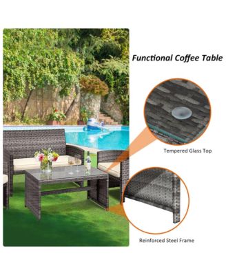 4PCS Patio Outdoor Rattan Furniture Set Chair Loveseat Table Cushioned