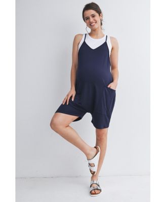 Maternity Sleeveless Loose Fit V-Neck Romper with Pockets and Adjustable Straps