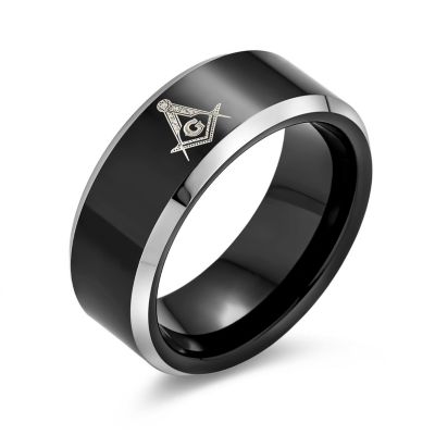 Square Compass Freemason Masonic Titanium Band Ring Silver Tone Comfort Fit 8MM