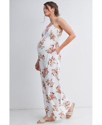 Maternity Floral Smocked Square Neck Wide Leg Jumpsuit with Pockets