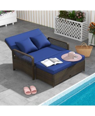 Patio Rattan Daybed Wicker Loveseat Sofa w/ Multifunctional Ottoman