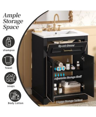 24" Bathroom Vanity with Ceramic Sink, Modern Freestanding MDF Cabinet, Tip-Out Drawer Soft Close Door for Small Bathrooms
