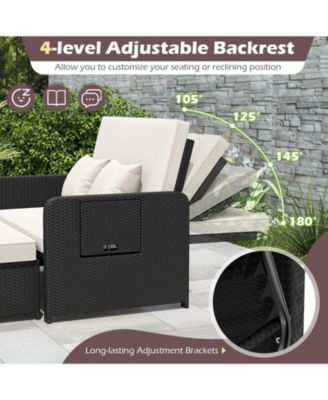 Set of 2 PE Wicker Outdoor Daybed w/4-Level Adjustable Backrest Storage Ottoman