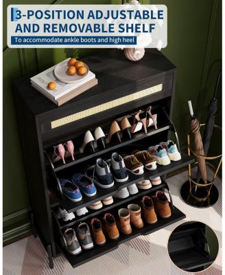 Farmhouse Rattan Shoe Cabinet 3-Tier Slim Wooden Shoe Rack with 3 Drawers and Adjustable Shelves
