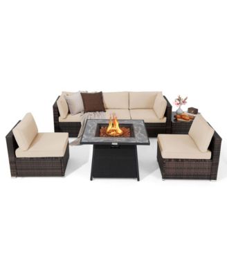 Set of 7 Patio Furniture Set w/ 35'' Propane Gas Fire Pit Table & Waterproof Cover