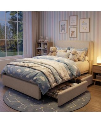 Teddy Fleece  Bed Frame, Cloud Cream Bed Frame with 2 Storage Drawer and Adjustable Headboard, Soft Teddy Fabric, No Box Spring Required