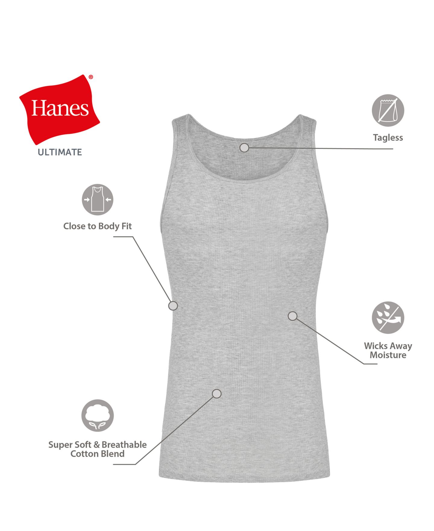 Мужские топы Hanes Ultimate Crewneck Tank Undershirt, 5-Pack, цвет: Assorted Colors — фото 6