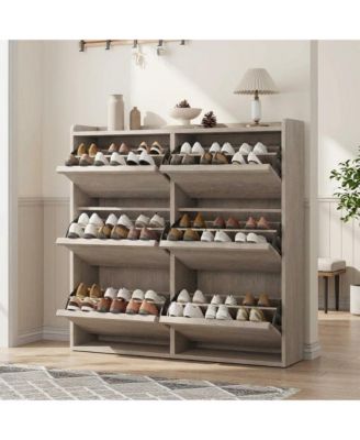 Shoe Cabinet with 6 Flip Drawers Narrow Cabinet with Adjustable and Removable Shelves Modern Wooden Shoe Organizer with Hidden Handle
