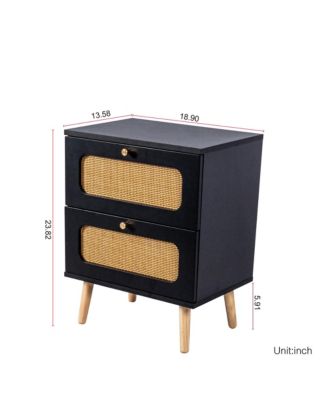 2-Drawers Rattan Nightstand, Handwoven Bedside Table End Table with Solid Wood Legs for Bedroom and Living Room