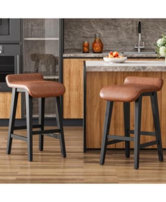 26.2" Bar Stools Set of 2, Modern Upholstered Kitchen Stools with Low Back, Footrest & Wood Legs, Counter Height for Kitchen or Dining