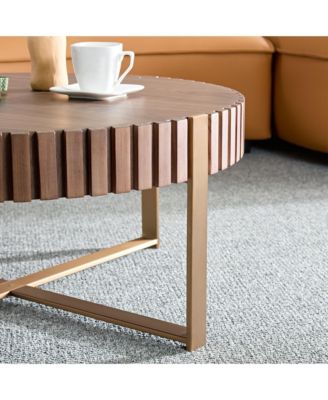 Modern Drum Coffee Table, 31.5'' Round Center Table with Fluted Edge and Sturdy Pedestal for Living Room, Office