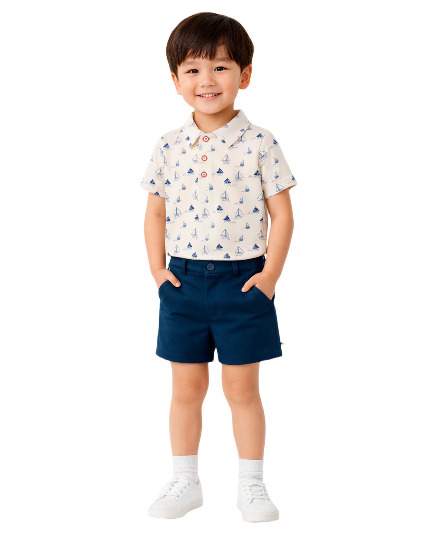 Комплект для мальчика Sperry: поло с коротким рукавом и шорты на резинке, 2 предмета, цвет: Кремовый / Тёмно-синий — фото 1