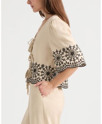 Women's 3 Front Tie Embroidered Top