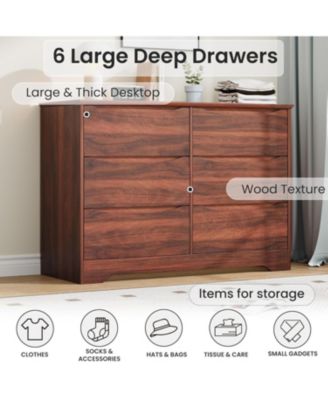  Wooden Dresser with 6 Drawers, Tall Modern Closet with Deep Storage, Large Chest of Drawers with Wide Top, Long Storage Dresser for Bedroom