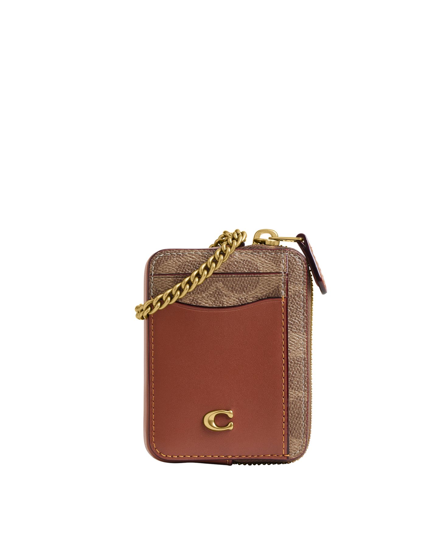 Женский кошелёк Coach Essential Signature Canvas Chain Card Case, цвет: Латунный / Рыжевато-коричневый карамельный — фото 3