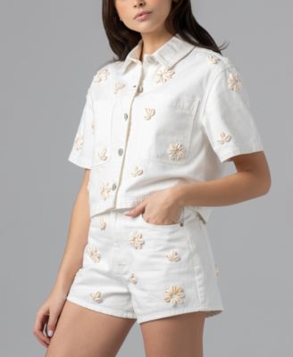 Women's Sea Shell Applique Detail Collared Cropped Denim Shirt
