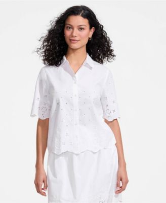 Women's Poplin Eyelet Button Front Shirt