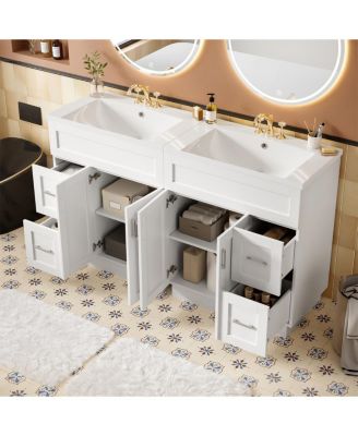 60" Double Sink Bathroom Vanity with Dual SMC Resin Basins, Soft Close Drawers & Adjustable Shelves for Large Bathrooms