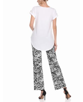Women's Folded-Sleeve Top and Printed Pant Two-Piece Set