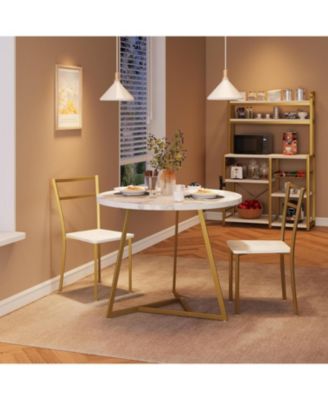 3-Piece Round Dining Set for 2, Table with Cushioned Chairs, Gold White
