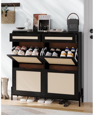 Freestanding Wooden Rattan Shoe Cabinet with 4 Flip Drawers and 2 Top Drawers