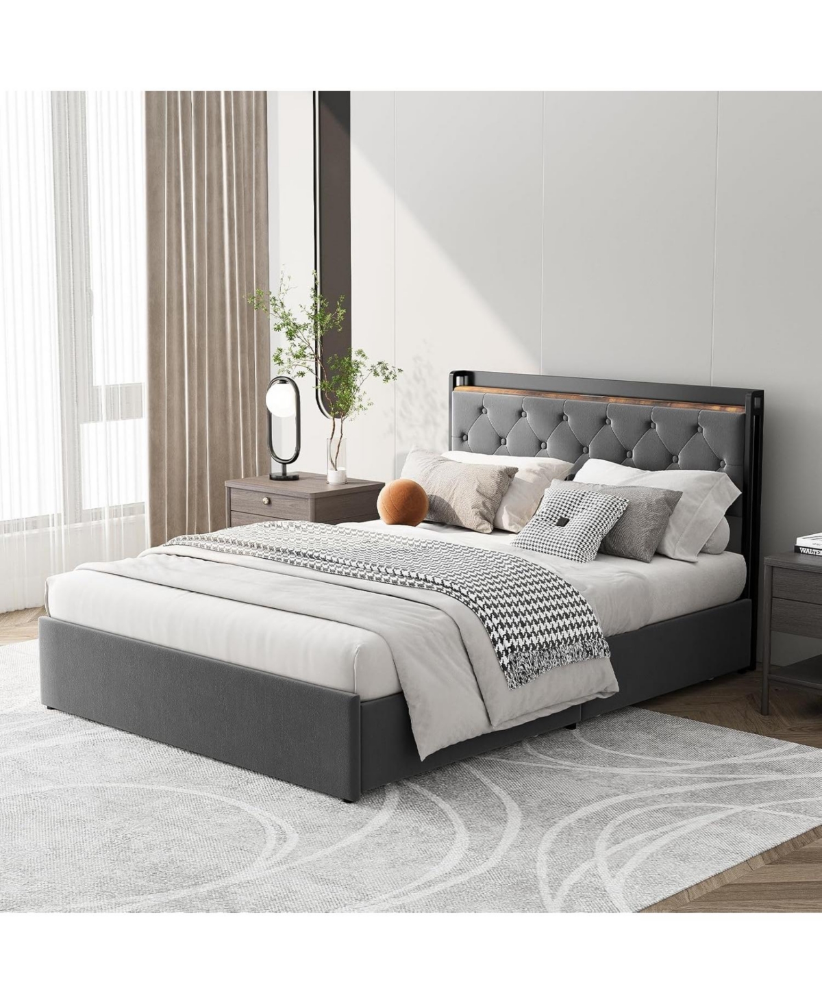 gaomon Velvet Headboard Storage Bed Frame - 4 Drawers, Usb/Ac Charging Station, No Box Spring Needed