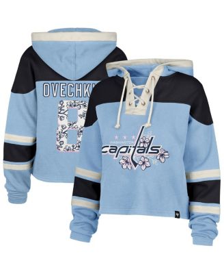 Women's Alexander Ovechkin Light Blue Washington Capitals Cherry Blossom Superior Lacer Cropped Pullover Hoodie