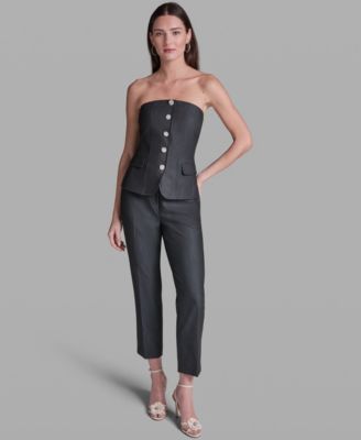 Women's Denim Strapless Button-Front Top and High Waist Straight Pants