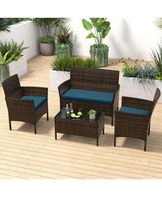 4 Pc. Patio Furniture Set with Washable Cushions and Tempered Glass Coffee Table