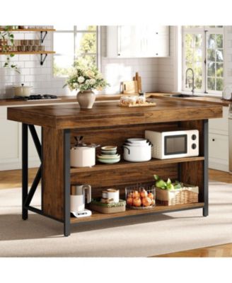55" Wood & Metal 3-Tier Storage Feature Kitchen Island Table