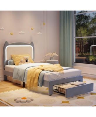  Bed Frame with Cat Headboard, Twin Platform Bed Frame with GRB LED Lights, Storage Drawer & Strong Wood Slats Support