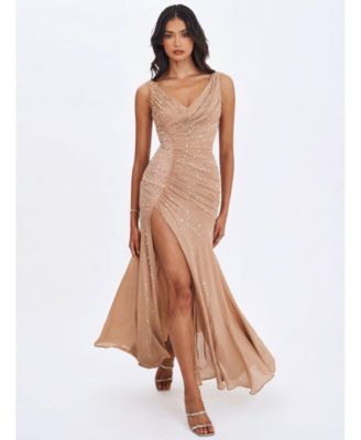 Women's Viveca Apricot Crystal-Embellished Asymmetrical Ruched Maxi Dress